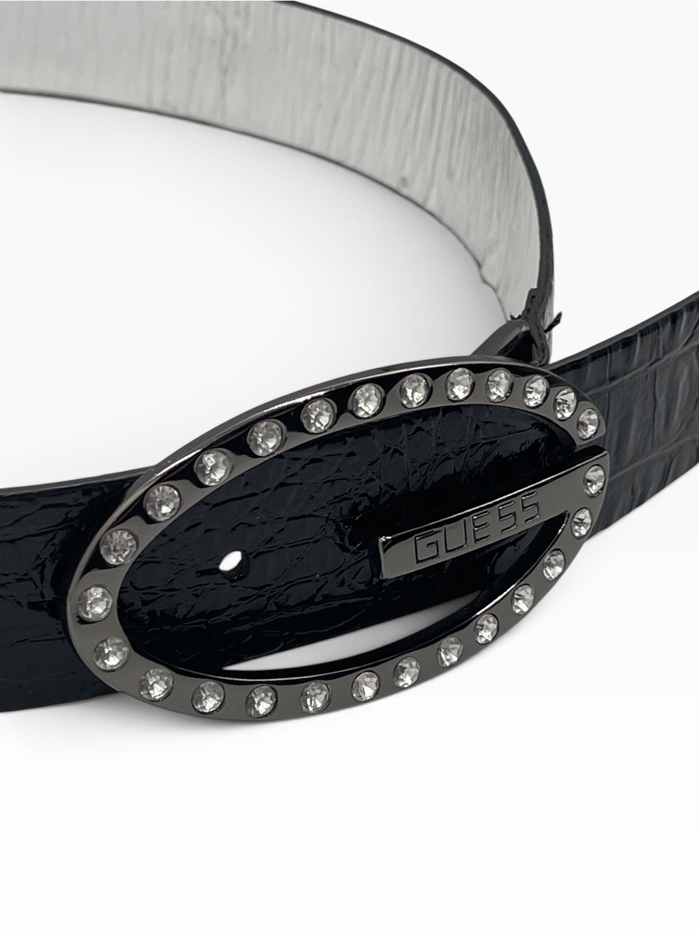 GUESS Vintage Y2K Black Faux Croc Belt Rhinestone Bedazzled Oval Buckle Bling Sm
